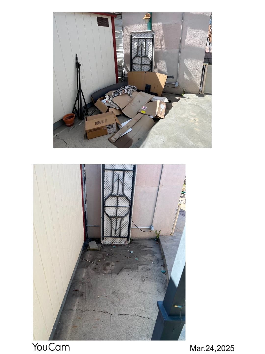 Before and after images of a cleanup showing debris removal from a small outdoor area.