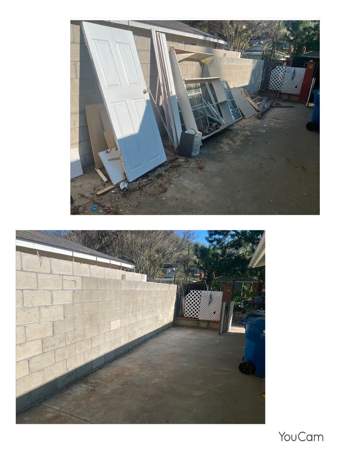 Cluttered backyard with debris and a door leaning against a wall, showing yard space availability.