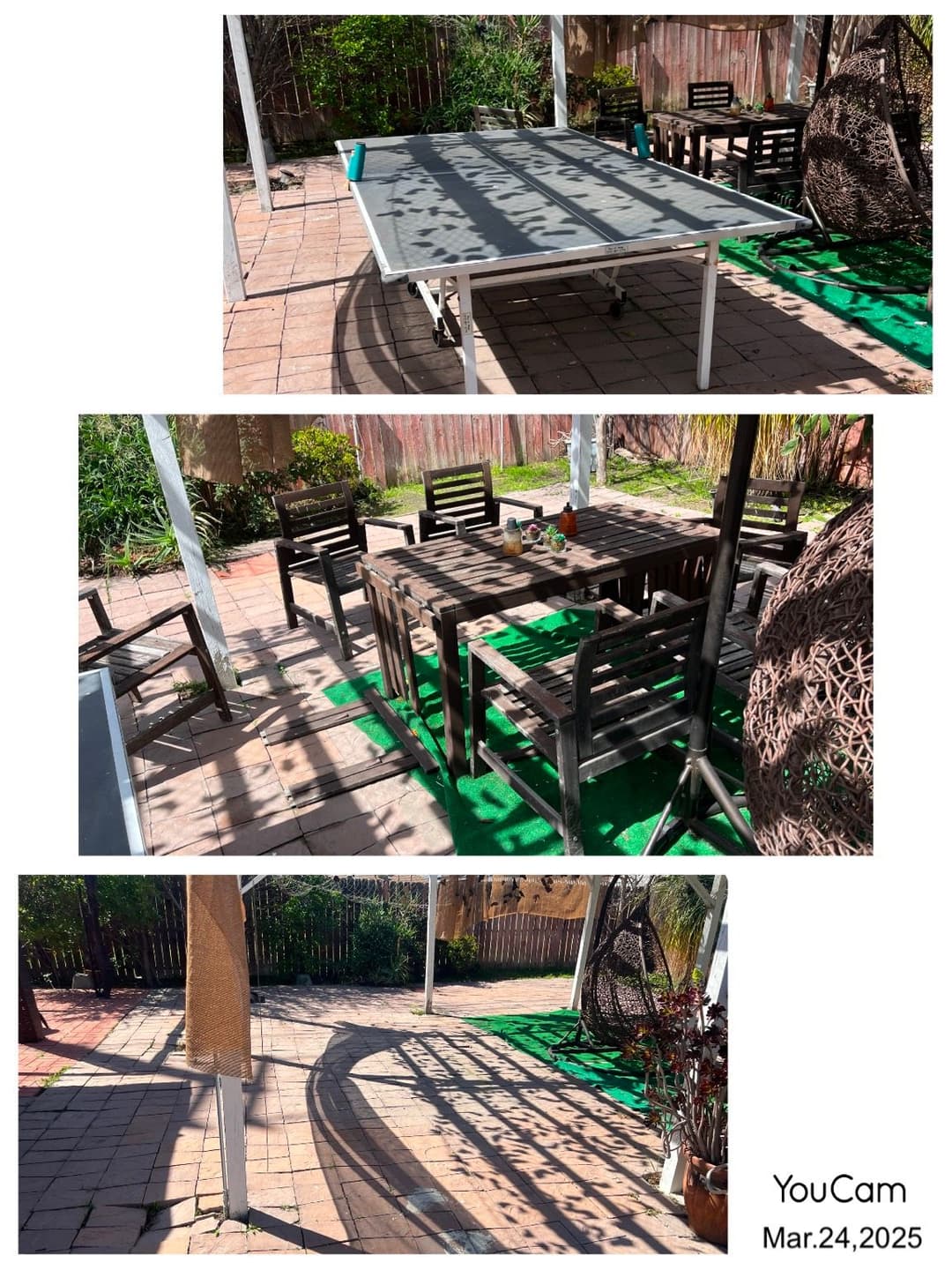 Outdoor patio dining area with shadow patterns, featuring a table, chairs, and greenery.