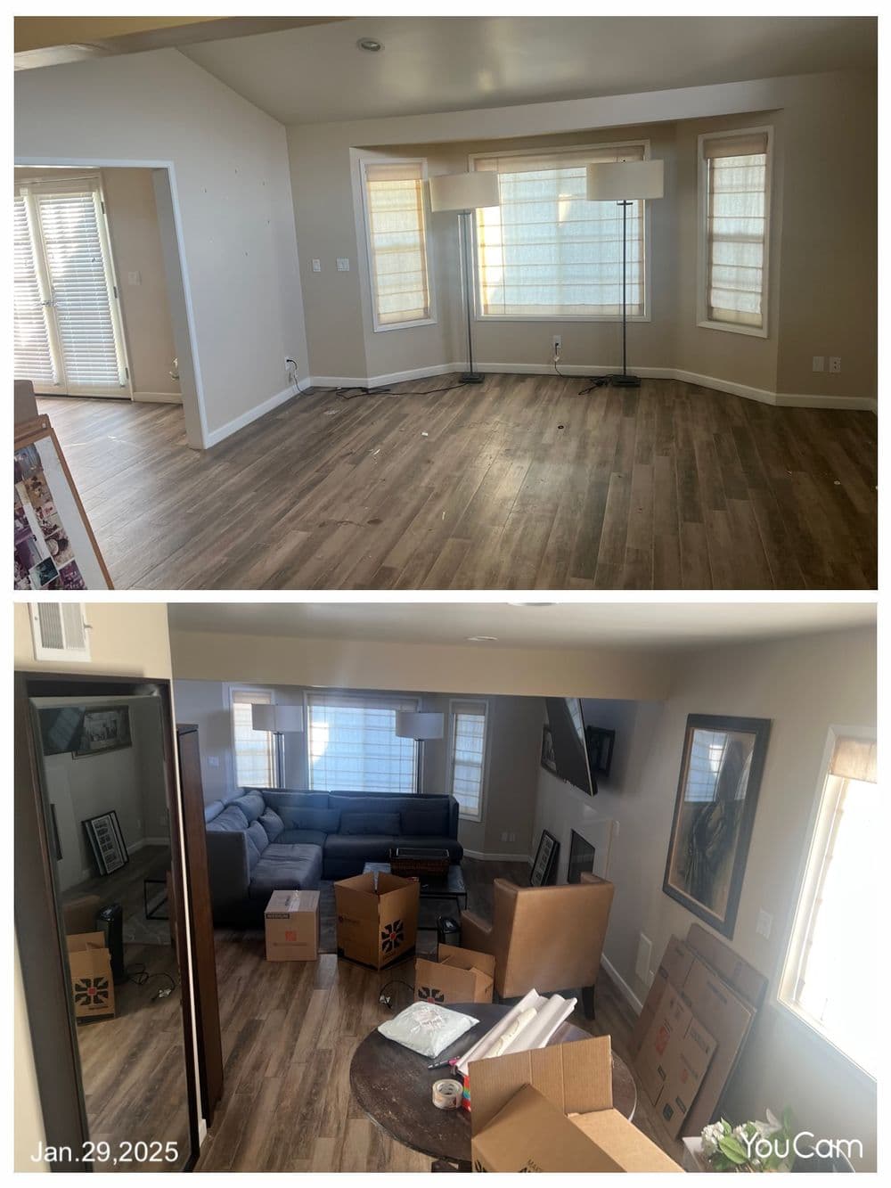 Before and after home renovation showing empty room transitioning to furnished living space.
