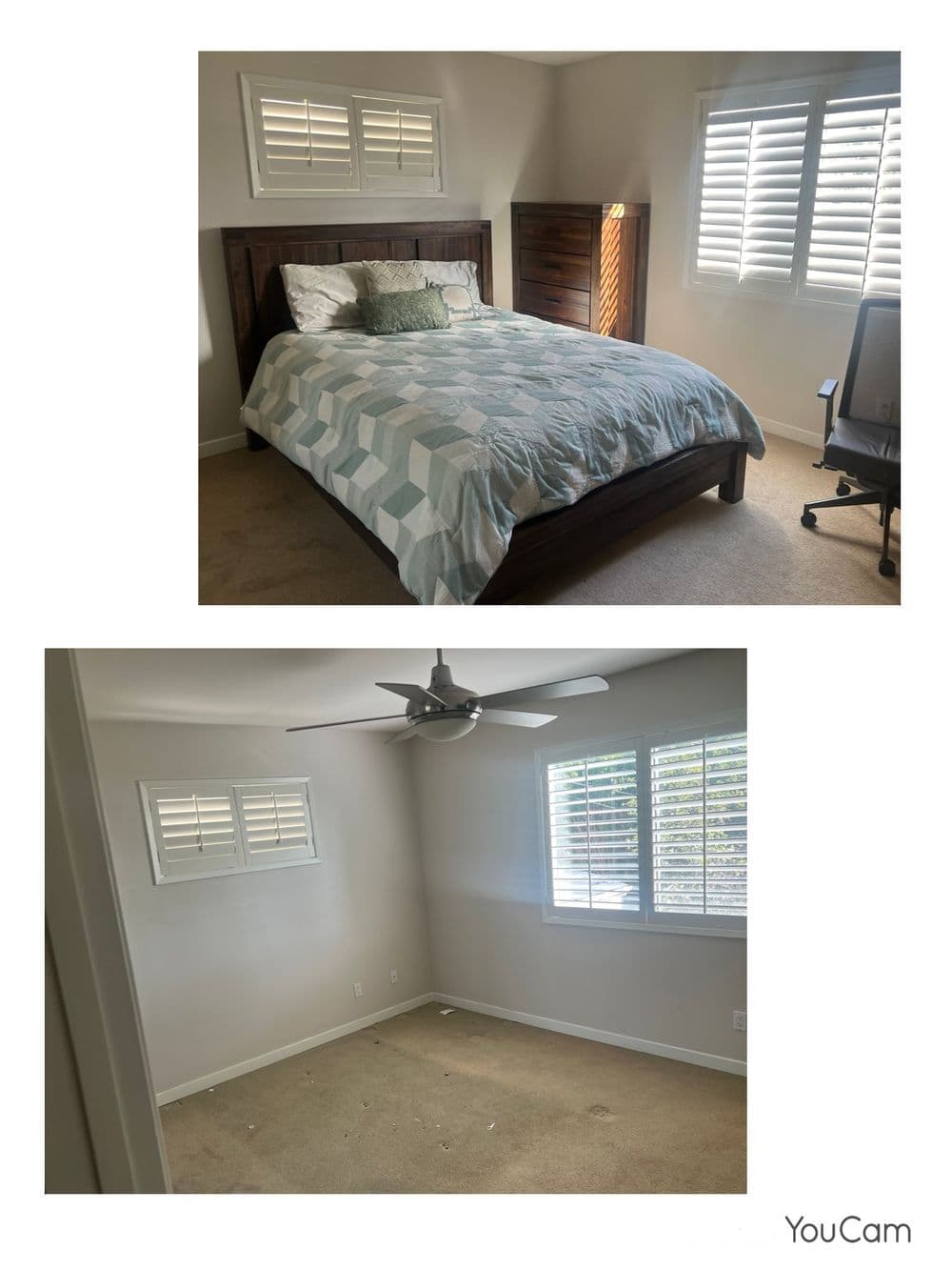 Before and after photos of a bedroom transformation showcasing a bed, dresser, and clean space.