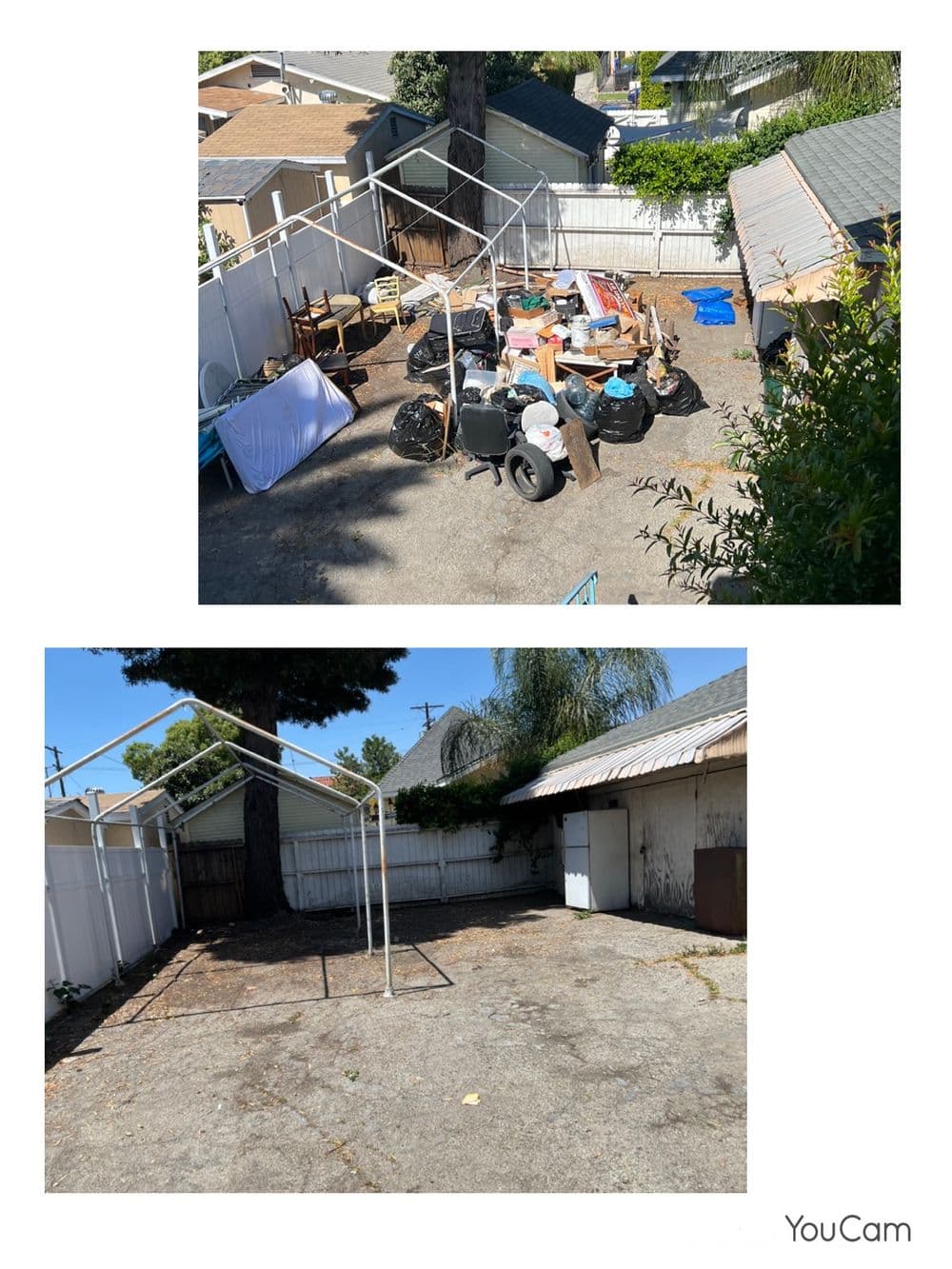 Before and after view of a backyard cleanup, showing organized space and cleared debris.