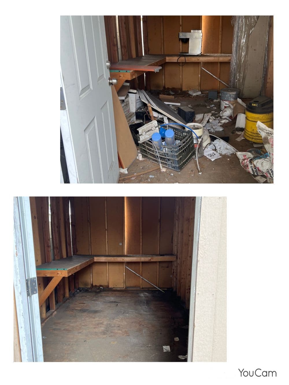 Before and after transformation of a cluttered storage room, showing improved organization.