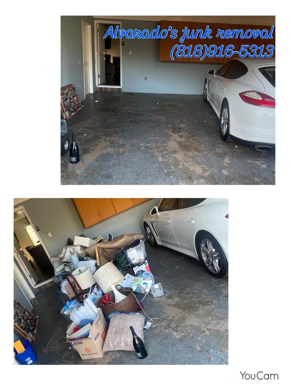 Garage before and after junk removal by Alvarado’s Junk Removal, showing clutter and clean space.
