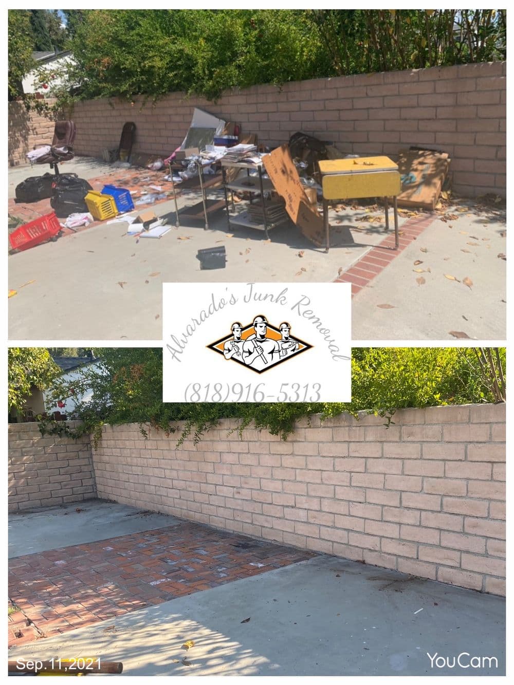 Before and after photos of a clean-up project showcasing a junk-free outdoor space.