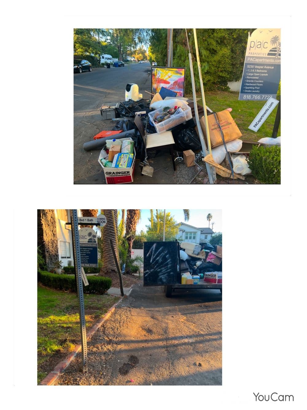 Overflowing garbage and debris on a street, with a sign for a local business nearby.