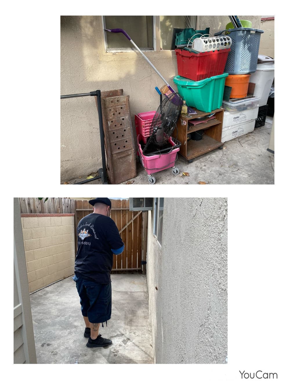Cluttered outdoor storage area with bins and cleaning supplies, person preparing the space.
