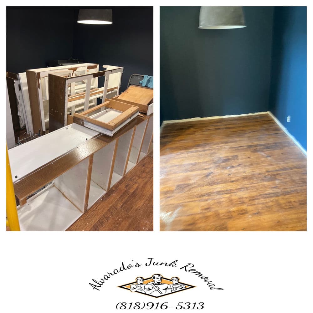 Before and after junk removal: cluttered kitchen area on left, clean wooden floor on right.