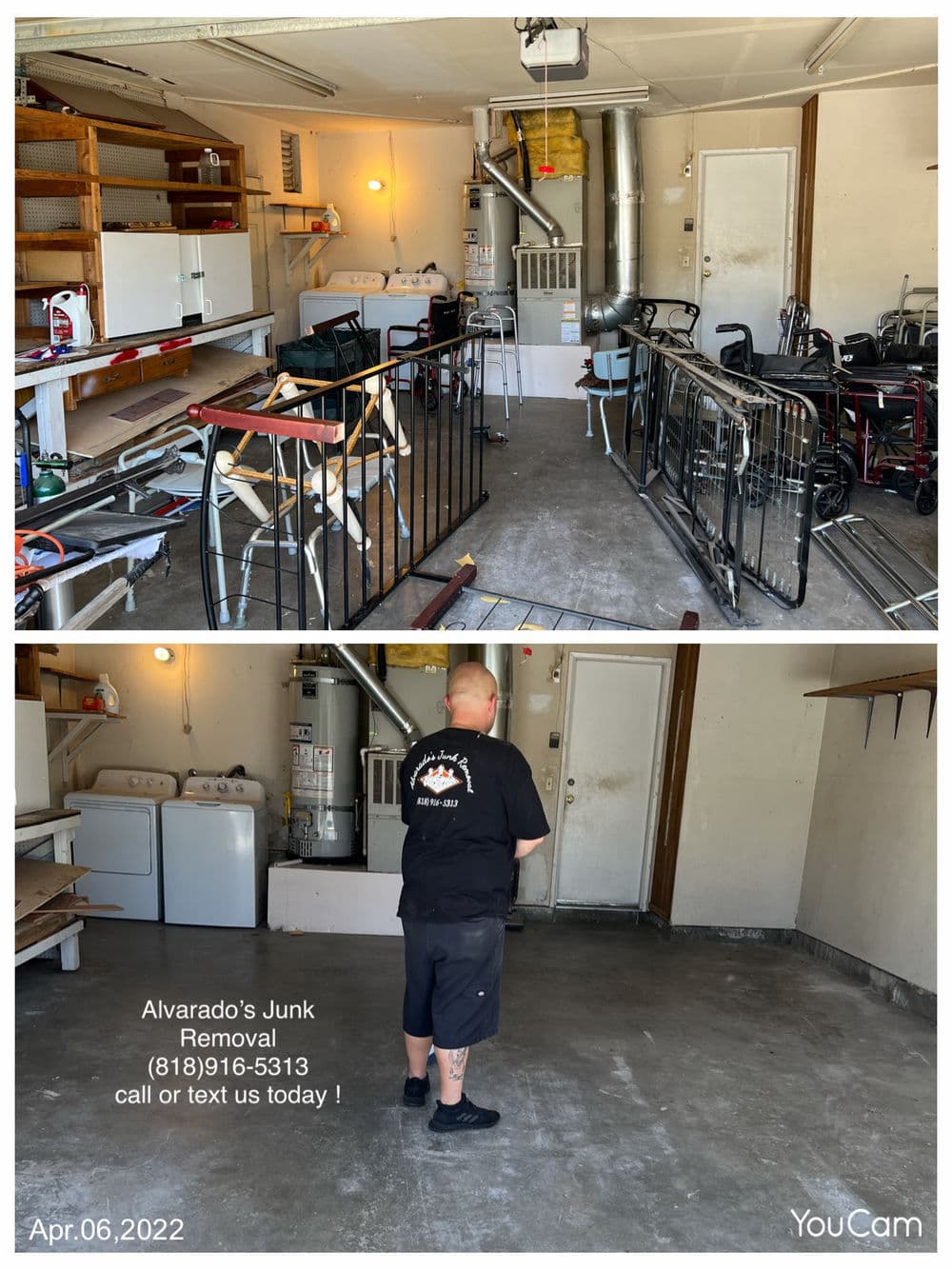 Before and after garage junk removal by Alvarado's Junk Removal, showcasing a clean space.