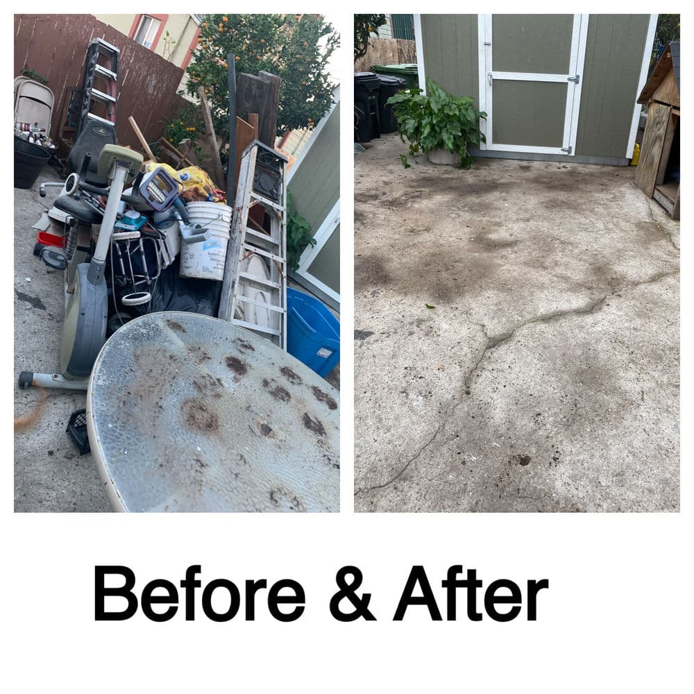 Before and after yard cleanup showing cluttered space transformed into a clean patio area.
