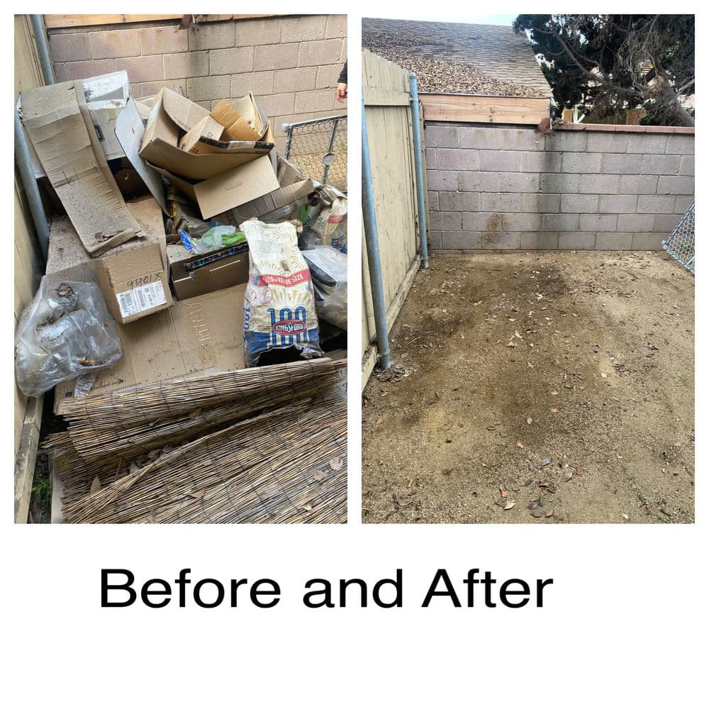 Before and after cleanup transformation of a cluttered outdoor space, showcasing organization.
