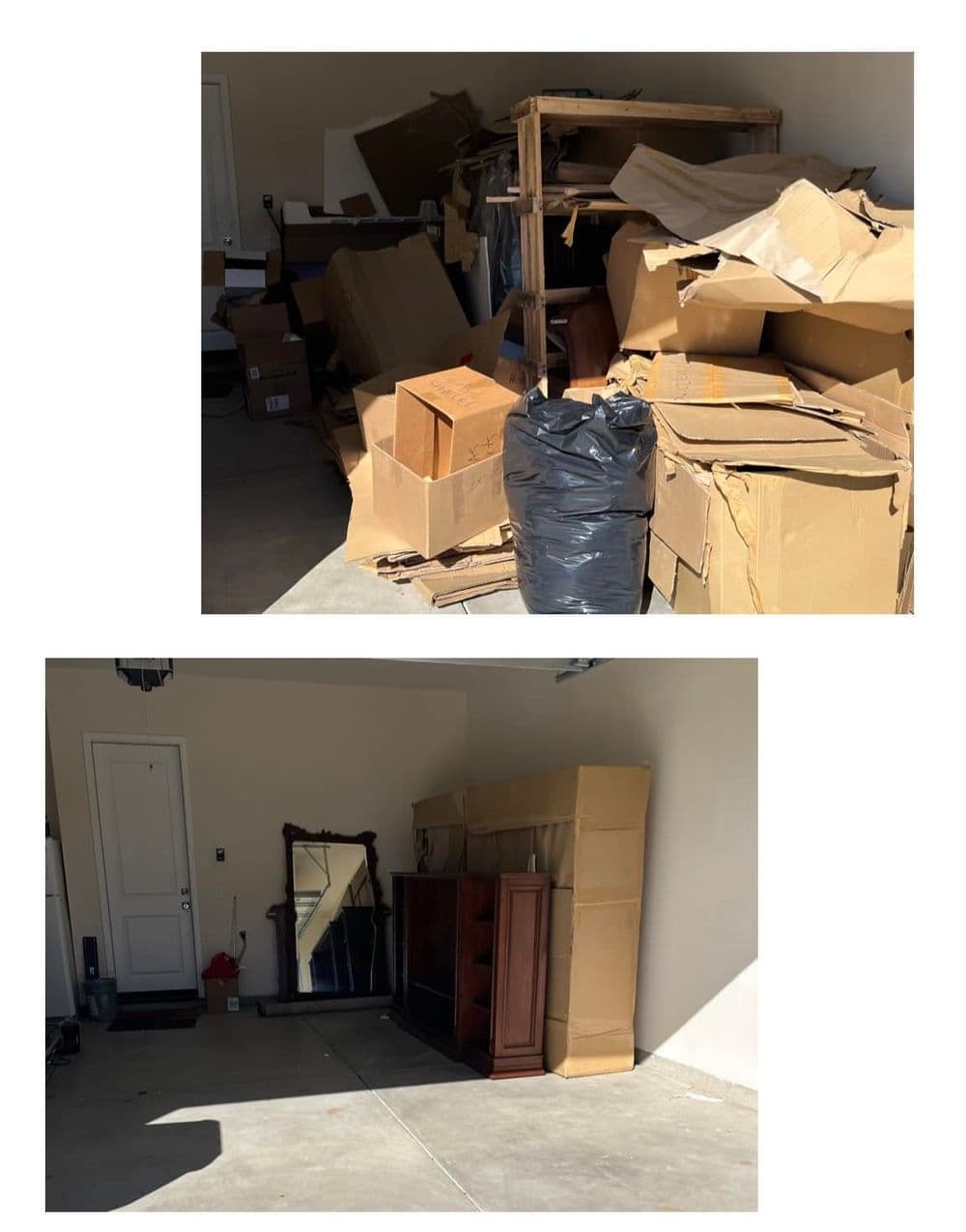 Cluttered garage with cardboard boxes and furniture before and after organization.