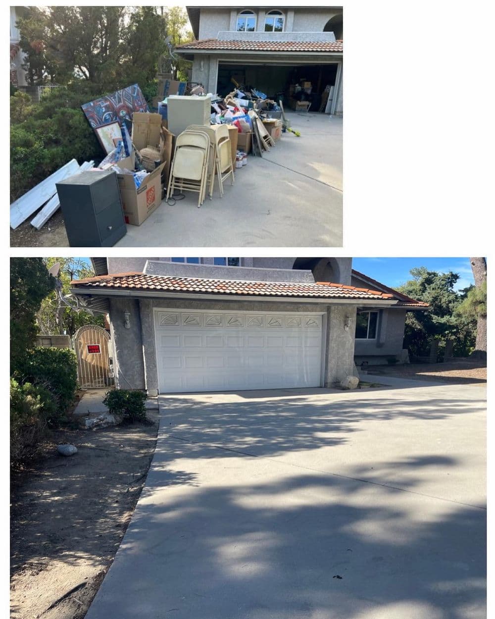 Before and after images of garage cleanout showing clutter cleared from driveway.