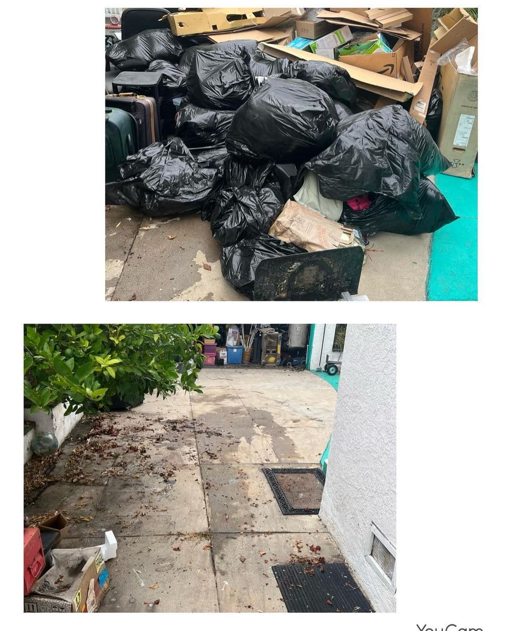 Before and after image of a cluttered outdoor space cleaned from trash and debris.