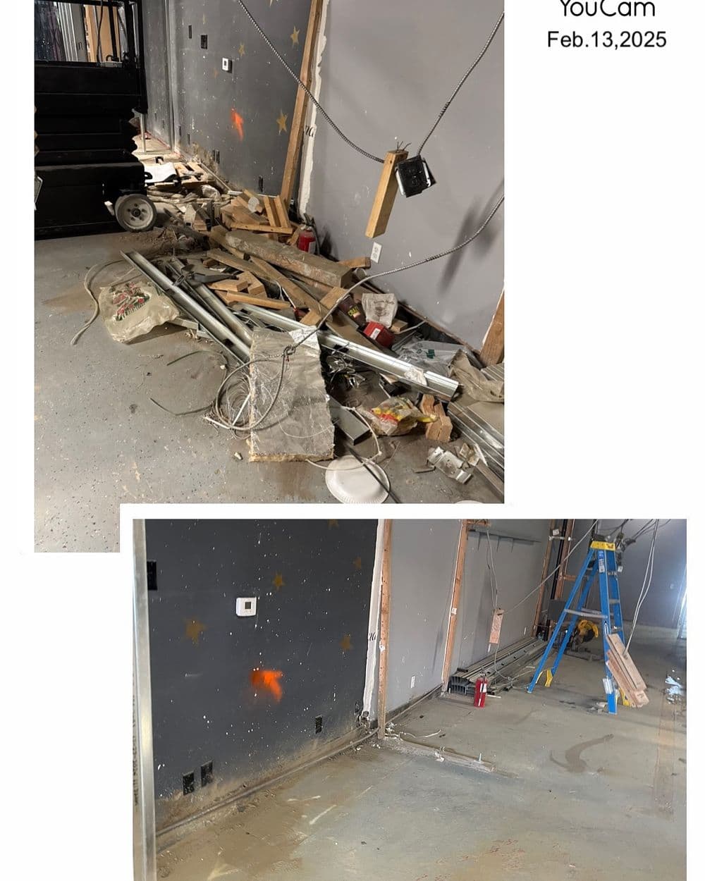 Construction site showing debris, exposed wires, and a work area under renovation.
